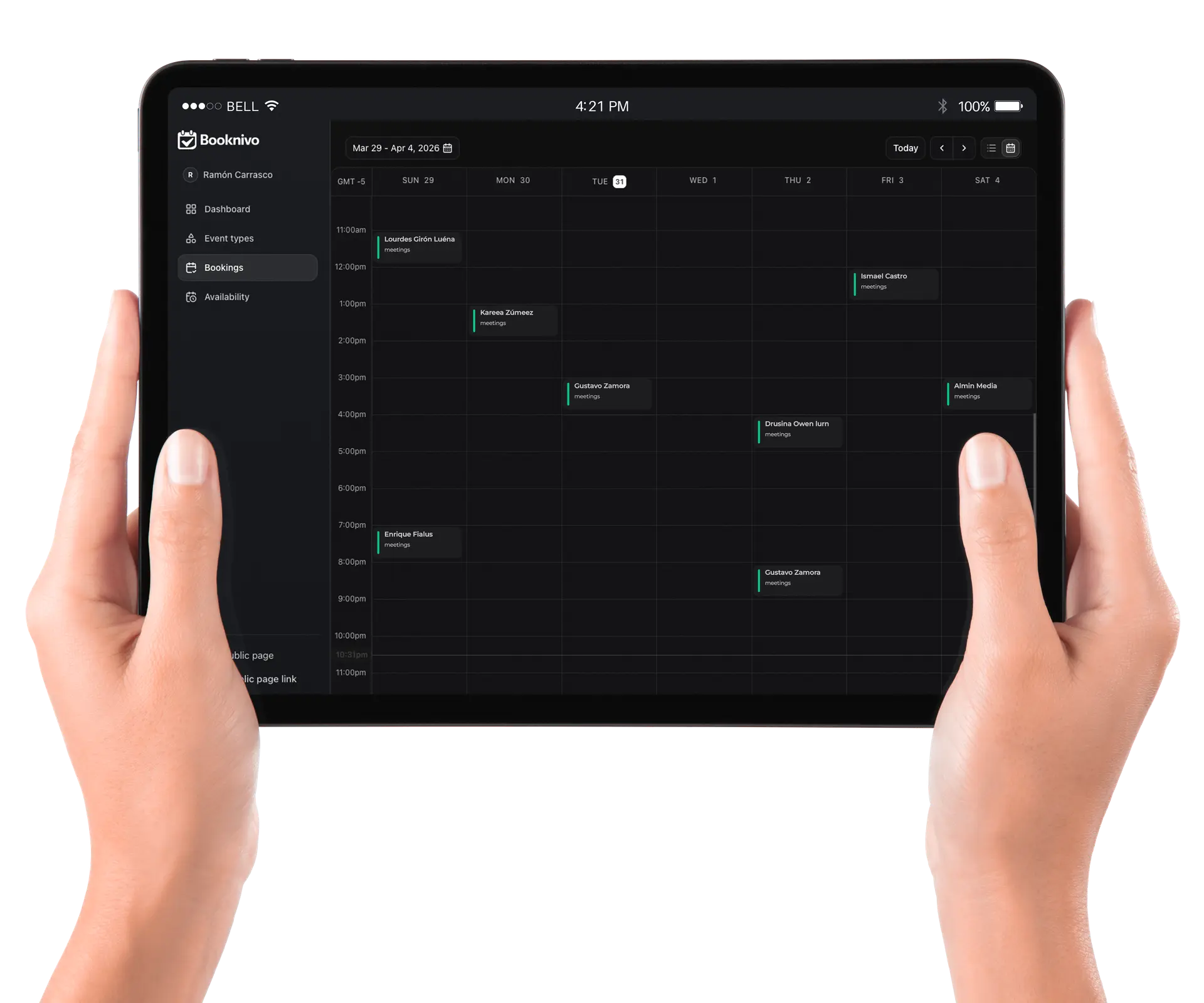 Booknivo appointment calendar shown on a tablet in the official website preview